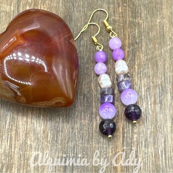 Purple jade amethyst and freshwater pearl long earrings - Picture 1 of 5